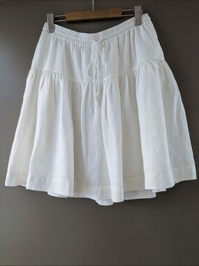 Linen GAP XS White Tiered Summer Skirt With Pockets, Elastic Waist Drawstrings